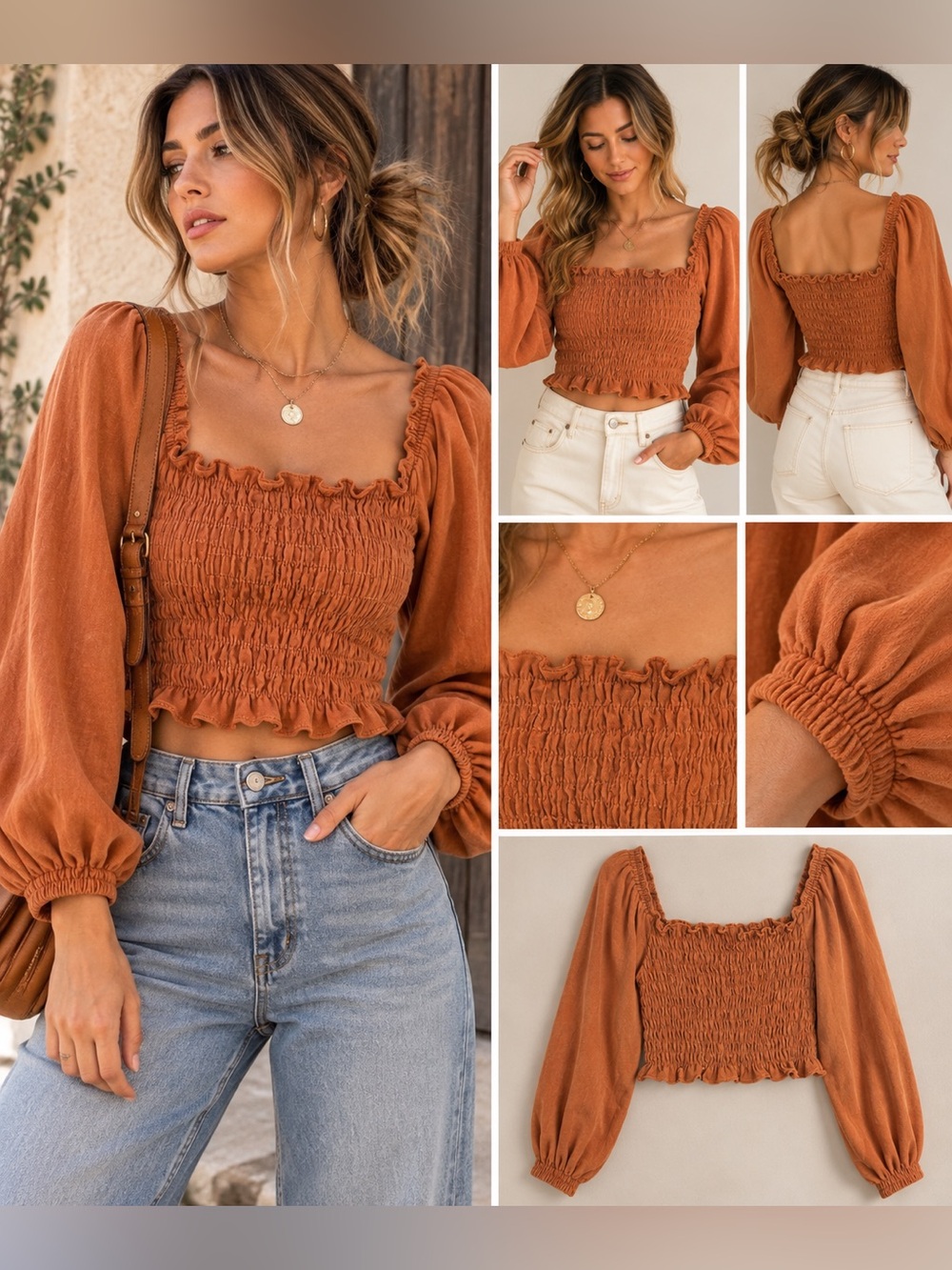 POL Rust Orange Smocked Puff Sleeve Boho Crop Top Size Small